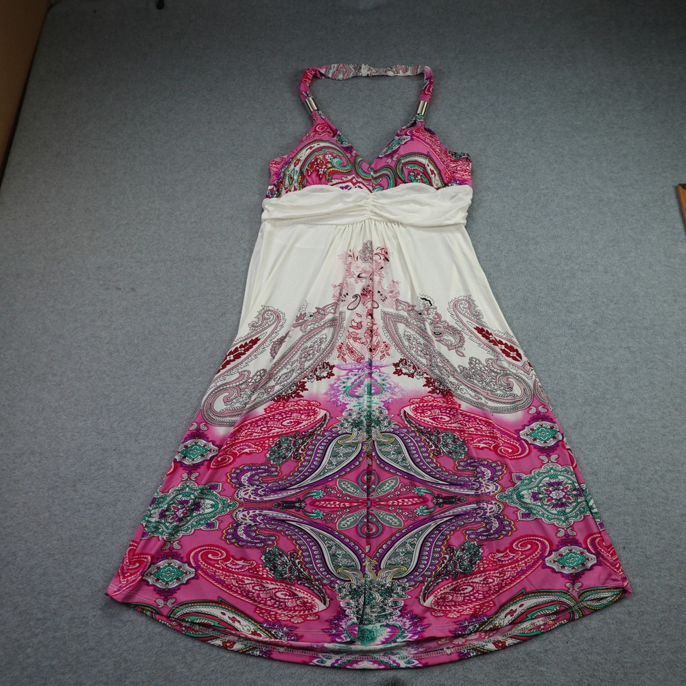 Cristina Love Dress Womens Junior Large Fuschia Boho‎ Halter Mid-Length Paisley